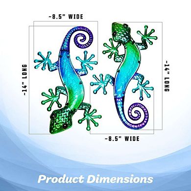 G128 Green Blue Lizard Gecko Metal Wall Art Set Indoor Outdoor Hanging Decor