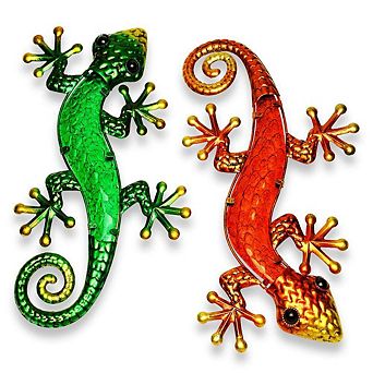 G128 Green Orange Lizard Gecko Metal Wall Art Set Indoor Outdoor Hanging Decor