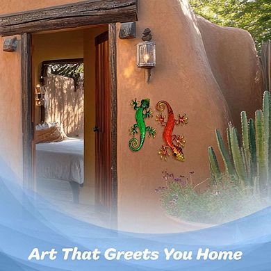 G128 Green Orange Lizard Gecko Metal Wall Art Set Indoor Outdoor Hanging Decor