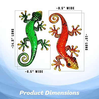 G128 Green Orange Lizard Gecko Metal Wall Art Set Indoor Outdoor Hanging Decor