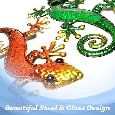 G128 Green Orange Lizard Gecko Metal Wall Art Set Indoor Outdoor Hanging Decor