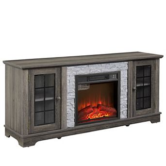 58 Inch Modern TV Stand with 2-Door Storage and 18 Inch Electric Fireplace Faux Stone Grey