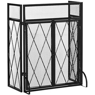 3Panel Folding Fireplace Screen for Wood Burning with Double Doors Home Steel Fire Spark Guard Black