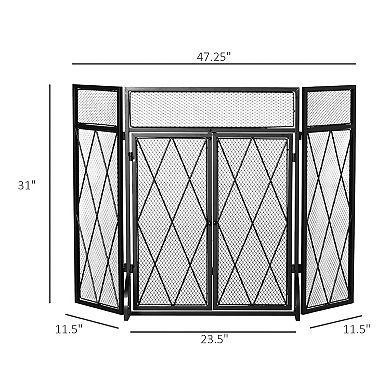 3Panel Folding Fireplace Screen for Wood Burning with Double Doors Home Steel Fire Spark Guard Black