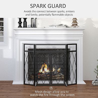 3Panel Folding Fireplace Screen for Wood Burning with Double Doors Home Steel Fire Spark Guard Black