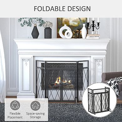3Panel Folding Fireplace Screen for Wood Burning with Double Doors Home Steel Fire Spark Guard Black
