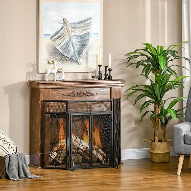 3Panel Folding Fireplace Screen for Wood Burning with Double Doors Home Steel Fire Spark Guard Black