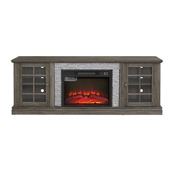 70 Inch Modern TV Stand with 2-Door Storage and 23 Inch Electric Fireplace Faux Stone Grey