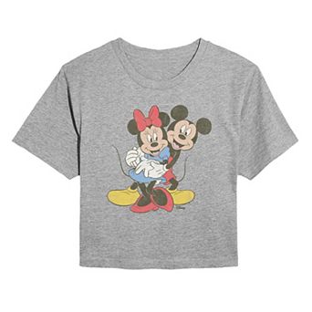 Juniors' Disney's Mickey & Minnie Hug Distressed Cropped Tee