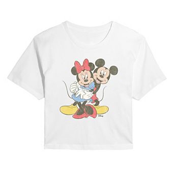 Juniors' Disney's Mickey & Minnie Hug Distressed Cropped Tee
