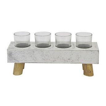 Cabo Accent Vase with 4 Glass Pots, Wood Legs, Gray Ceramic 15 Inch