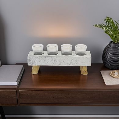 Cabo Accent Vase with 4 Glass Pots, Wood Legs, Gray Ceramic 15 Inch