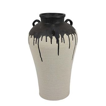 Caleb Accent Vase with Drip Pattern and Handles, Black Gray Ceramic