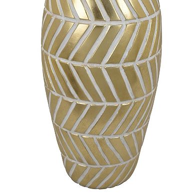 Accent Vase, Gold Resin Urn Shape, Lined Pattern in White, 28 Inch