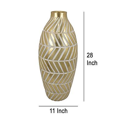 Accent Vase, Gold Resin Urn Shape, Lined Pattern in White, 28 Inch