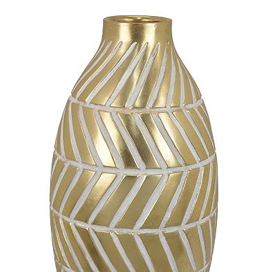 Accent Vase, Gold Resin Urn Shape, Lined Pattern in White, 28 Inch