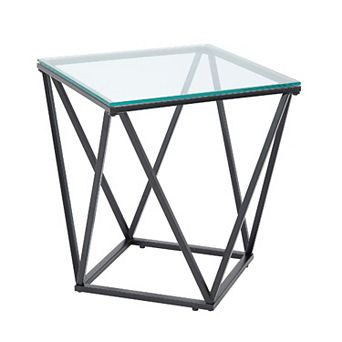 Lucas Side End Table, Clear Glass Top, Geometric Frame, Black Metal