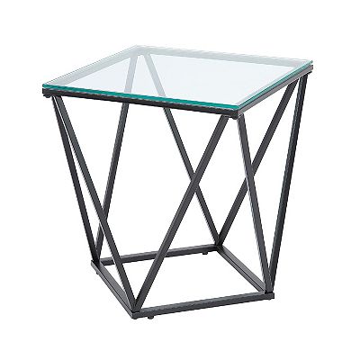 Lucas Side End Table, Clear Glass Top, Geometric Frame, Black Metal