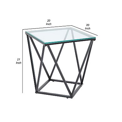 Lucas Side End Table, Clear Glass Top, Geometric Frame, Black Metal