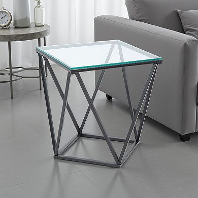 Lucas Side End Table, Clear Glass Top, Geometric Frame, Black Metal