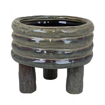 Garden Planter, Decorative Turned Style Glossy Gray Ceramic, 10 Inch