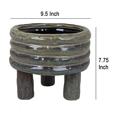 Garden Planter, Decorative Turned Style Glossy Gray Ceramic, 10 Inch