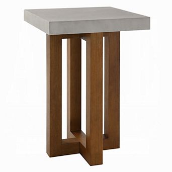 Joshua End Table, Gray Faux Concrete Top, Walnut Brown Wood, 16 Inch