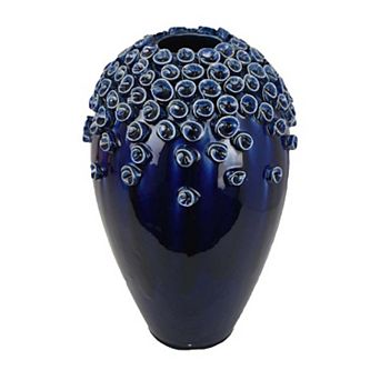 Decorative Vase, Glossy Deep Blue Ceramic, Coral Design, 15 Inch