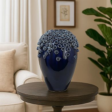 Decorative Vase, Glossy Deep Blue Ceramic, Coral Design, 15 Inch