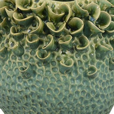 Nina Vase, Green Ceramic, Textured Accents, Abstract Floral 11 Inch
