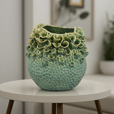 Nina Vase, Green Ceramic, Textured Accents, Abstract Floral 11 Inch