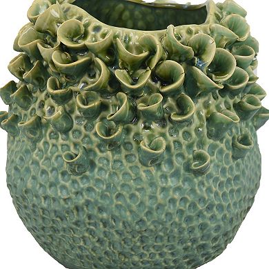 Nina Vase, Green Ceramic, Textured Accents, Abstract Floral 11 Inch