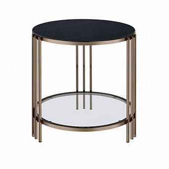 Abio Side End Table, 23 Inch, Round Sintered Stone Top, Black and Gold