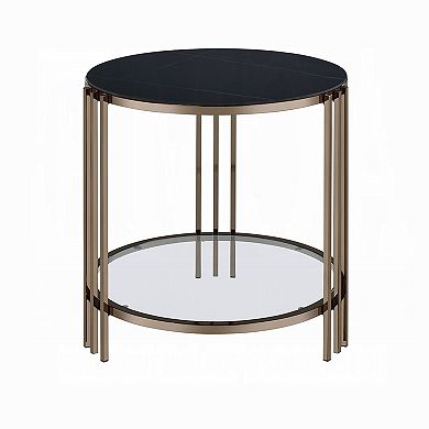 Abio Side End Table, 23 Inch, Round Sintered Stone Top, Black and Gold