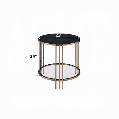 Abio Side End Table, 23 Inch, Round Sintered Stone Top, Black and Gold