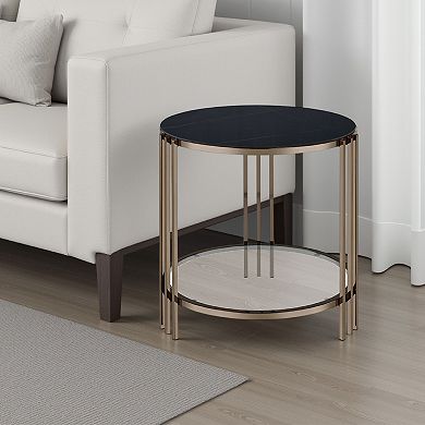 Abio Side End Table, 23 Inch, Round Sintered Stone Top, Black and Gold
