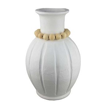 Nehu Decorative Vase, Beaded Neck Details, 15 Inch White Resin