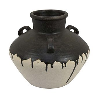 Caleb Accent Vase with Drip Pattern, Angled Handles Black Gray Ceramic