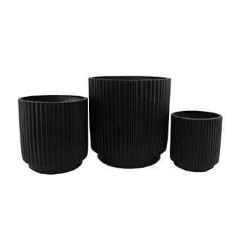 Elly Round Planter Set of 3, Ribbed Texture Black Resin, 16,12,9 Inch