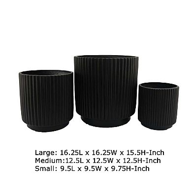 Elly Round Planter Set of 3, Ribbed Texture Black Resin, 16,12,9 Inch