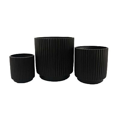 Elly Round Planter Set of 3, Ribbed Texture Black Resin, 16,12,9 Inch