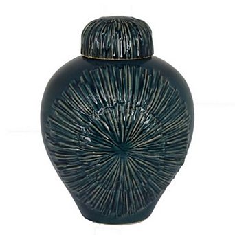 Accent Flower Vase w Lid, Rich Textured Deep Blue Ceramic, 13 Inch
