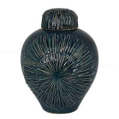 Accent Flower Vase w Lid, Rich Textured Deep Blue Ceramic, 13 Inch