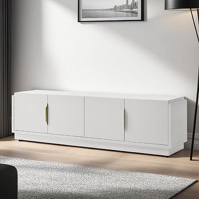 Penny TV Stand Media Cabinet, Adjustable Shelves, 4 Doors, White Wood