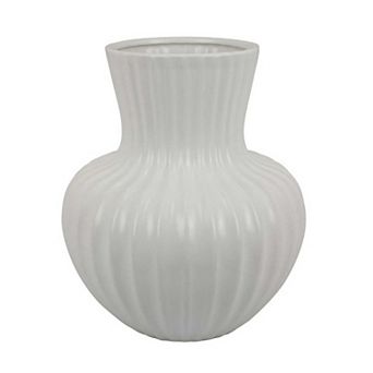 Decorative Vase, 14 Inch White Ceramic Body, Vertical Ribbed Pattern