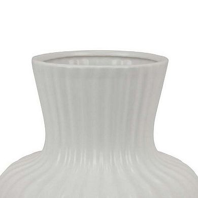 Decorative Vase, 14 Inch White Ceramic Body, Vertical Ribbed Pattern