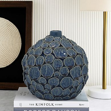 Remus Accent Vase with Raised Pebble Pattern, Glazed Blue Ceramic