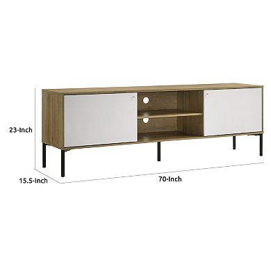 Brick TV Stand Cabinet with 2 Doors, Black Metal, White, Oak Brown