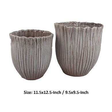Decorative Planter Set of 2, Ribbed Texture Gray Ceramic Body