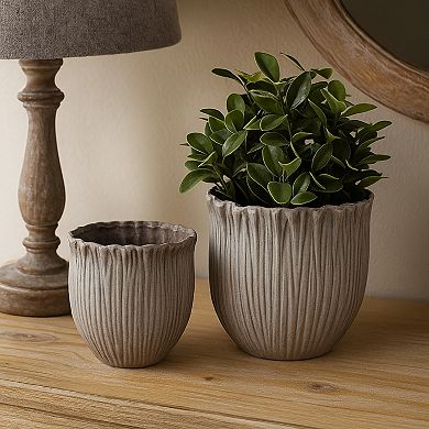 Decorative Planter Set of 2, Ribbed Texture Gray Ceramic Body